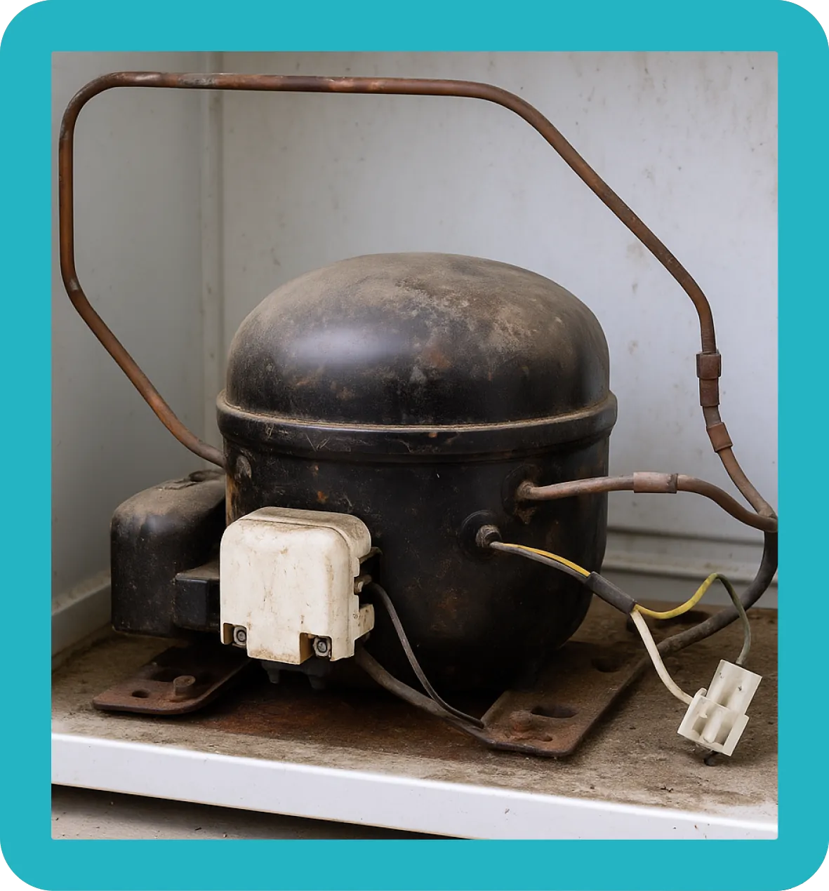 An old fridge motor with the casing removed.