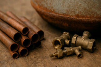 A close up of copper pipe off cuts and brass taps cleaned up and prepared to be recycled.