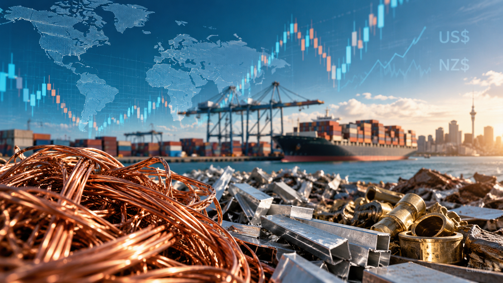Copper, aluminium and brass representing changing scrap metal prices in NZ