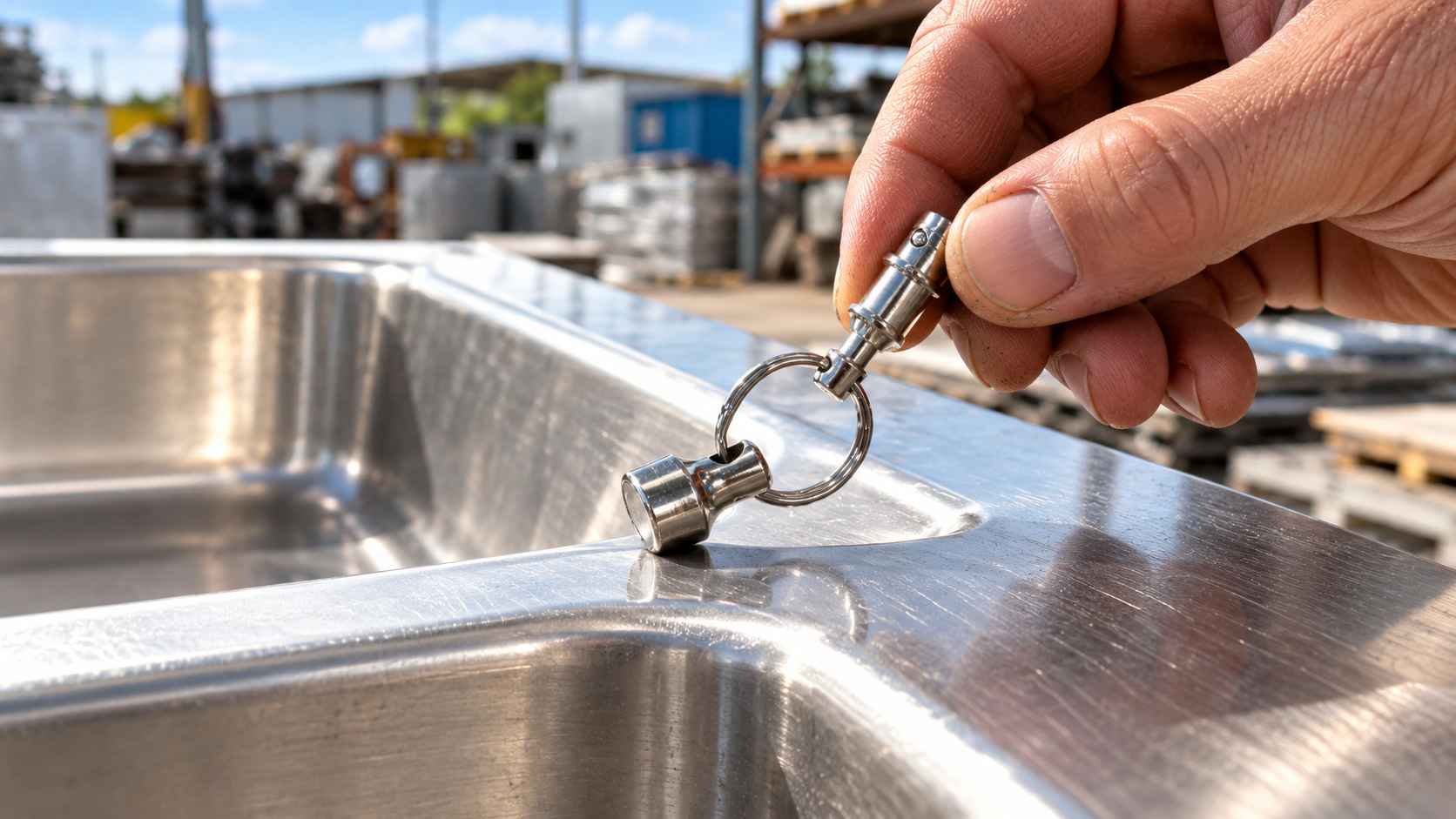 Hand holding a small keyring magnet against a stainless steel kitchen sink to test whether the metal is magnetic.