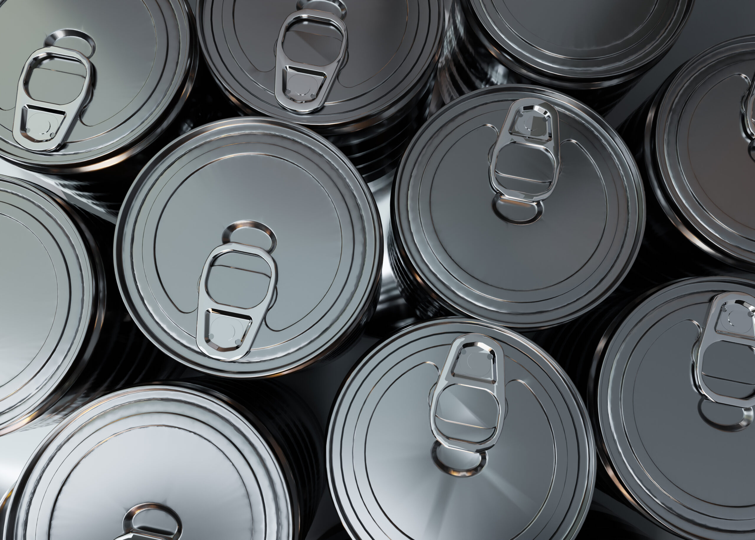 Metal cans with ring-pull lids Top-down view of silver metal cans with ring-pull lids packed closely together