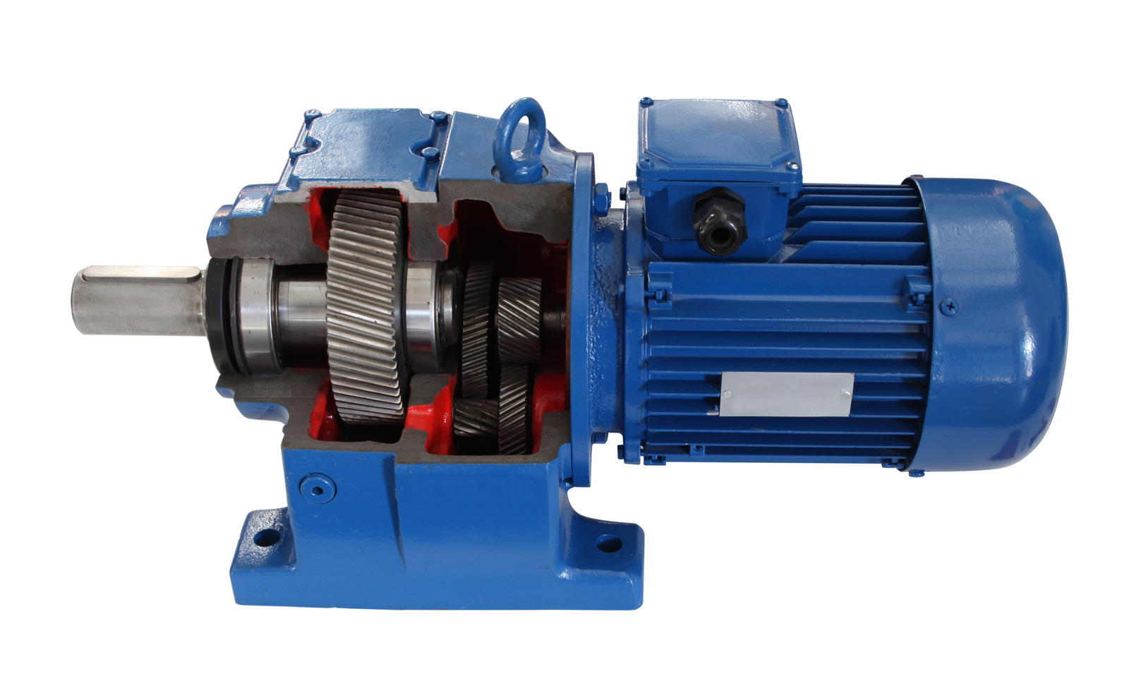 electric motor with gearbox still attached, cut away to show the steel gears inside